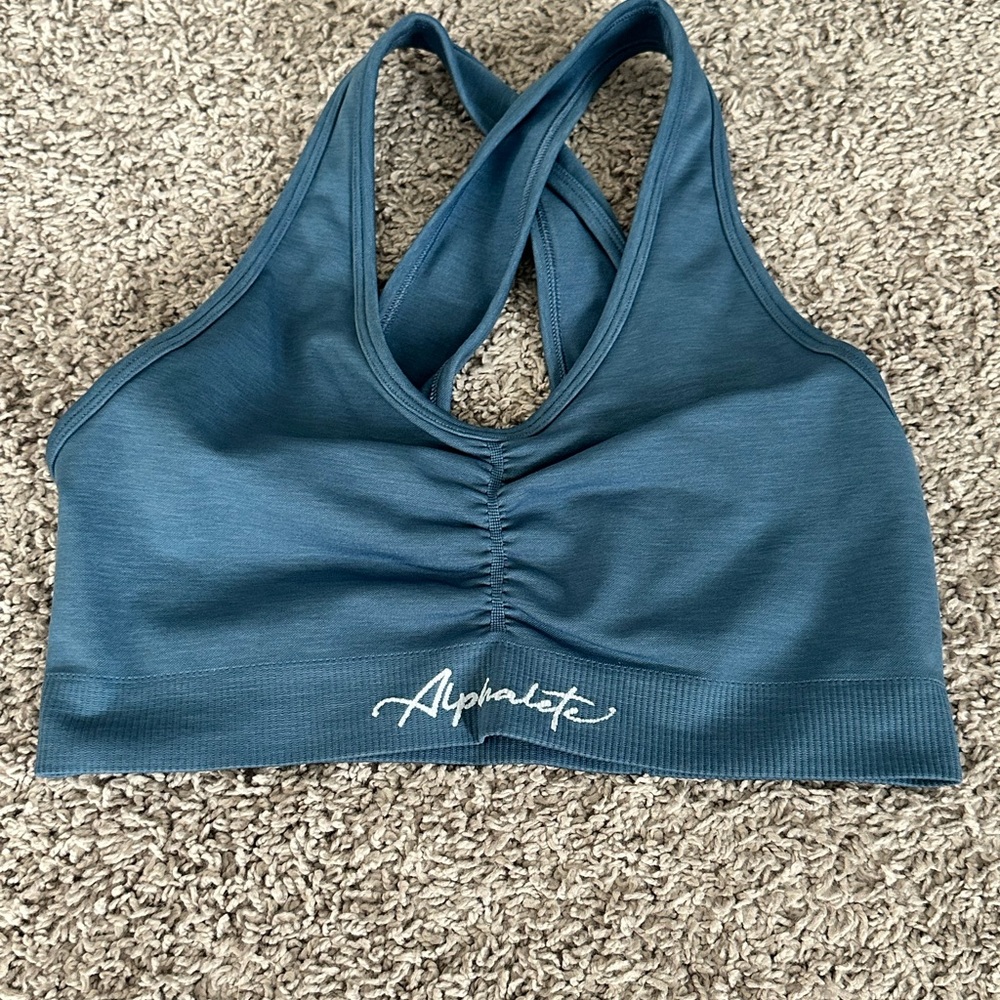 Alphalete Blue Racerback Sports Bra with Ruched Detail